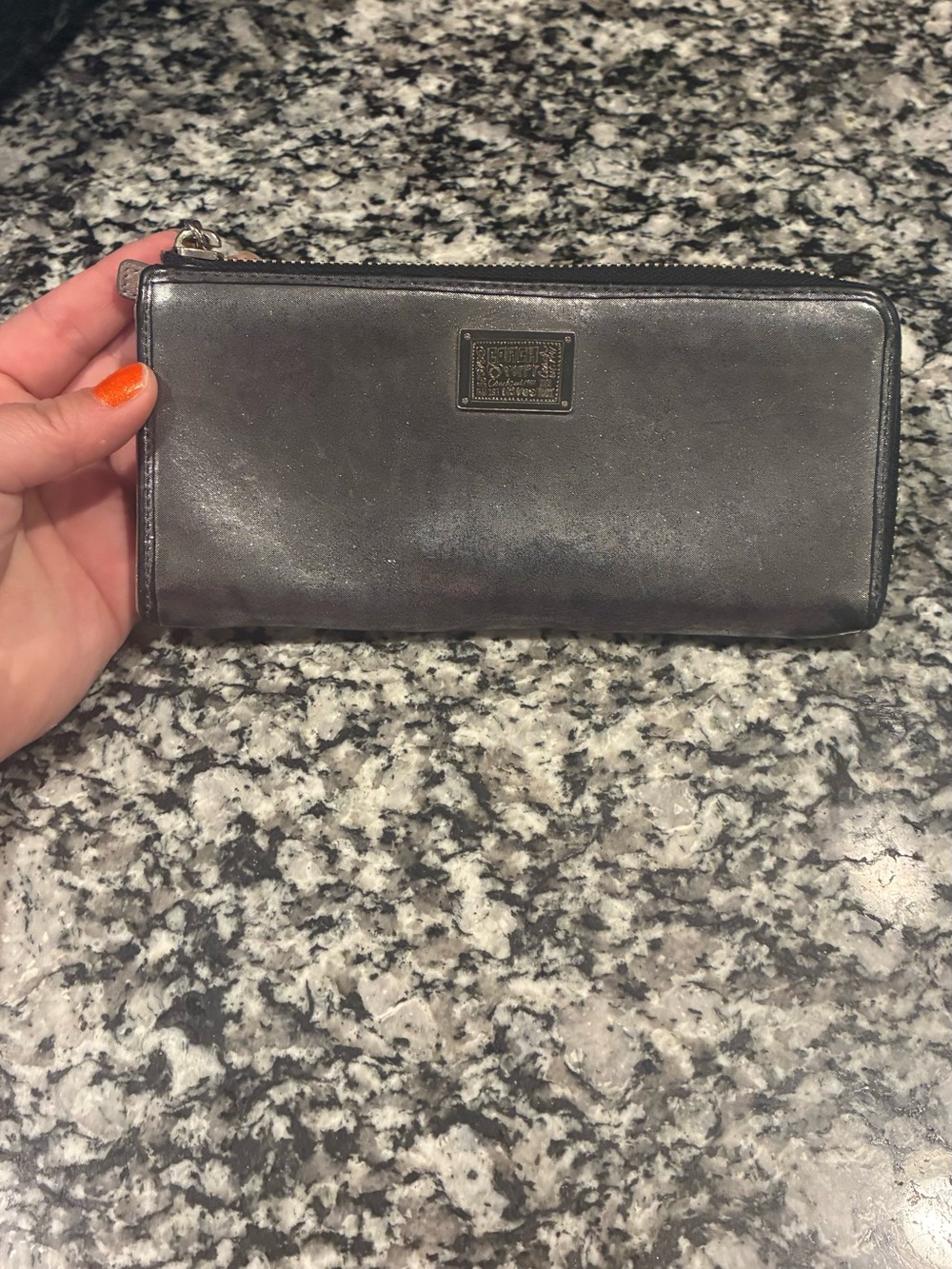 Coach Poppy Metallic Gray Zip Around Credit Card Wallet